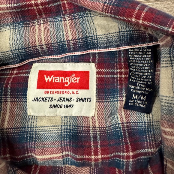 Wrangler Long Sleeve Plaid Check Flannel Western Shirt Men’s M Red Blue White - Picture 10 of 10